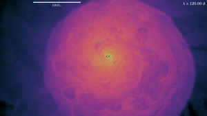 Hydrodynamic simulation of a common envelope phase in a binary star. Shown is the density in the orbital plane. (Plot: Sebastian Ohlmann) 