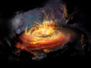 Artist impression of chaotic magnetic field lines very near a newly emerging protostar. Credit: NRAO/AUI/NSF; D. Berry 